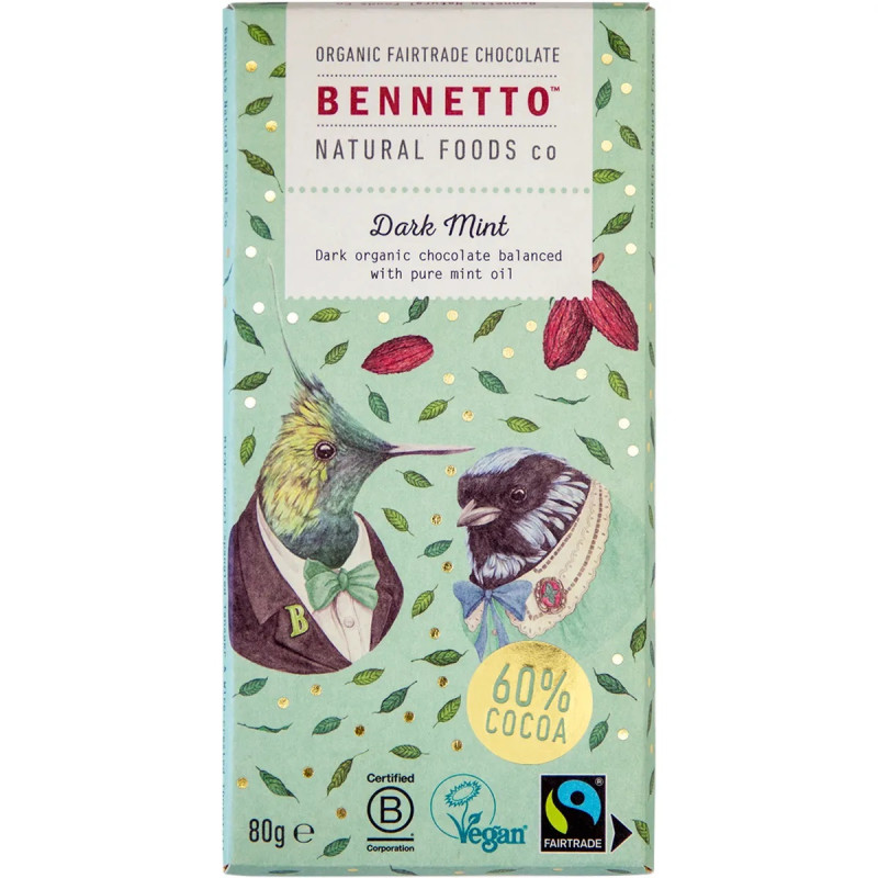 Mint & Cocoa Nibs Organic Fairtrade Chocolate 80g by BENNETTO