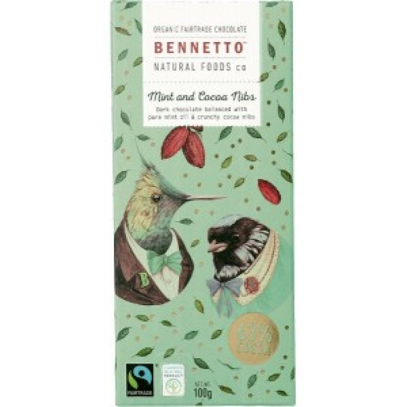 Mint & Cocoa Nibs Organic Fairtrade Chocolate 100g by BENNETTO