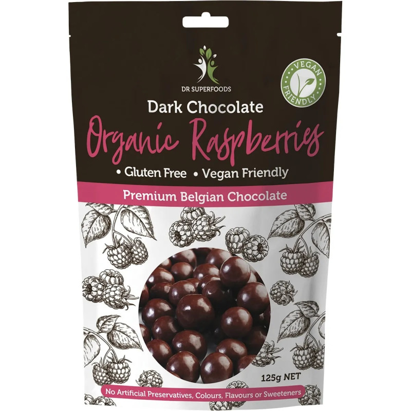 Dark Chocolate Organic Raspberries 125g by DR SUPERFOODS