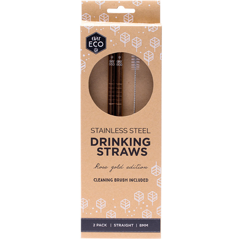 Rose Gold Straws Straight - 2 Pack + Brush by EVER ECO