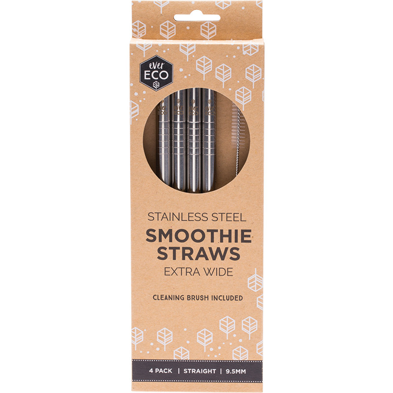 Stainless Steel Smoothie Straws Straight (4 Pack) + Bonus Cleaning Brush by EVER ECO