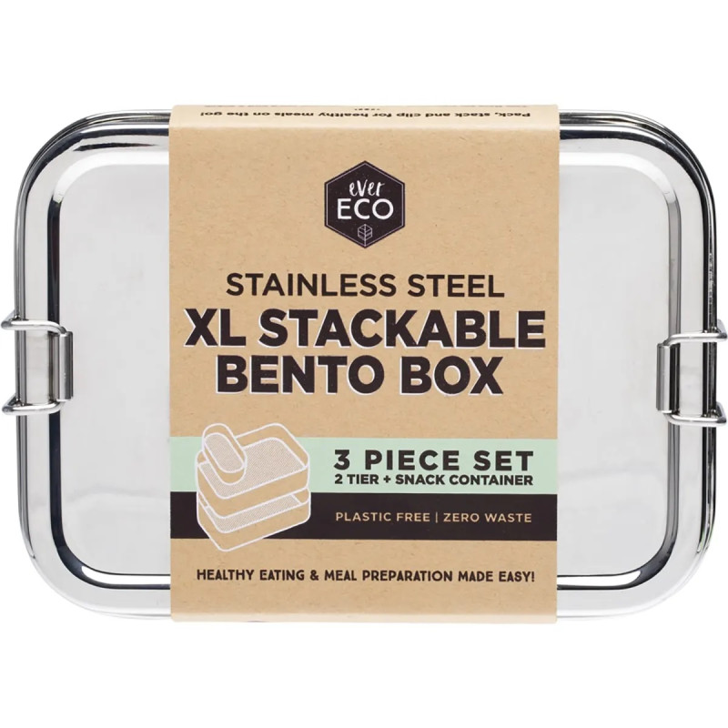 Stainless Steel XL Stackable 2 Tier Bento Box 1900ml (3 Piece) by EVER ECO