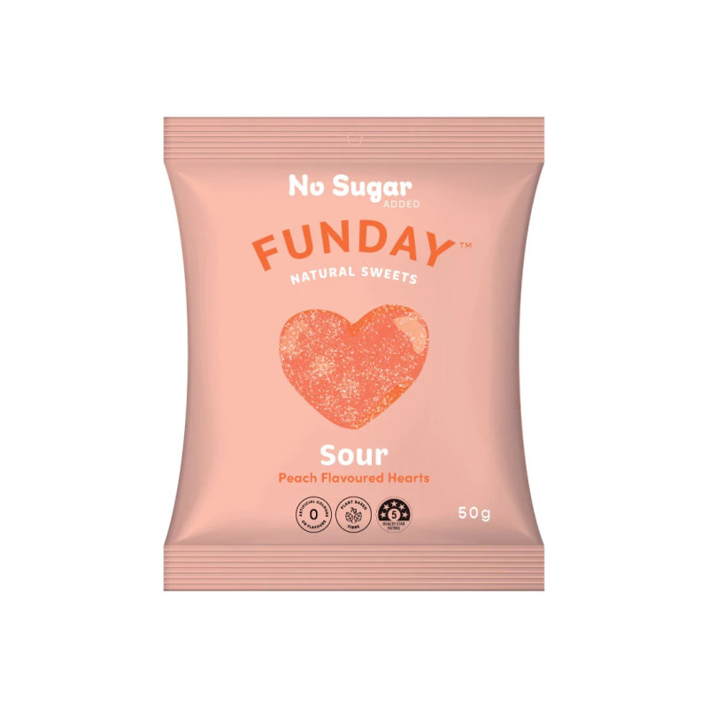 Sour Peach Hearts No Added Sugar 50g by FUNDAY