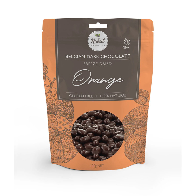 Belgian Dark Chocolate Freeze Dried Orange 100g by NAKED CHOCOLATE CO