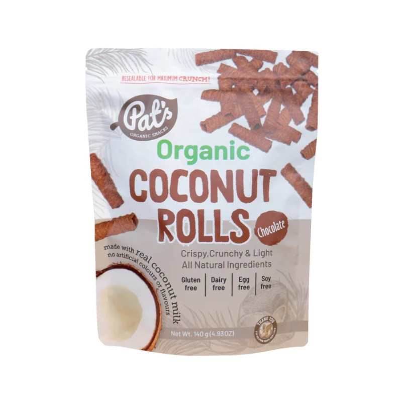 Organic Coconut Rolls Chocolate 140g by PAT'S ORGANIC SNACKS