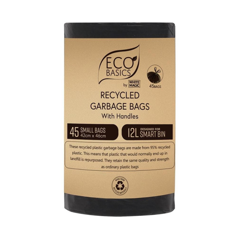 Recycled Garbage Bags with Handles - Small (12L) 45 Bags by ECO BASICS Recycled Garbage Bags with Handles - Small (12L) 45 Bags by ECO BASICS