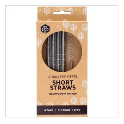 Stainless Steel Short Straws Straight (4 Pack) + Cleaning Brush by EVER ECO