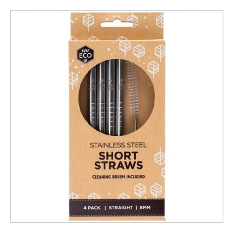 Stainless Steel Short Straws Straight (4 Pack) + Cleaning Brush by EVER ECO