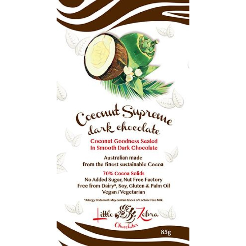 Coconut Supreme Dark Chocolate 85g by LITTLE ZEBRA CHOCOLATES