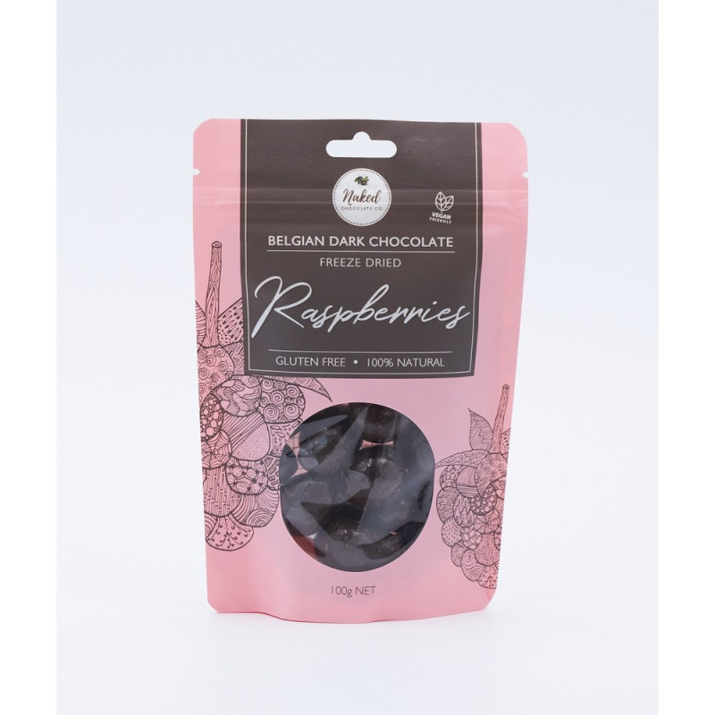 Belgian Dark Chocolate Freeze Dried Raspberries 100g by NAKED CHOCOLATE CO Belgian Dark Chocolate Freeze Dried Raspberries 100g by NAKED CHOCOLATE CO