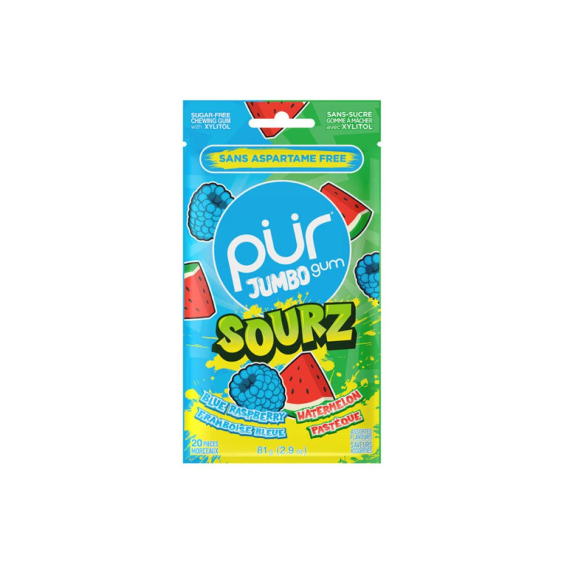 Jumbo Gum Sourz - Blue Raspberry & Watermelon 81g by PUR Jumbo Gum Sourz - Blue Raspberry & Watermelon 81g by PUR
