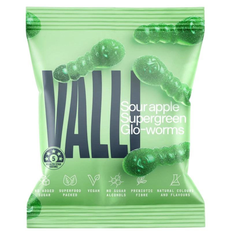 Sour Apple Supergreen Glo-worms 50g by VALLI Sour Apple Supergreen Glo-worms 50g by VALLI