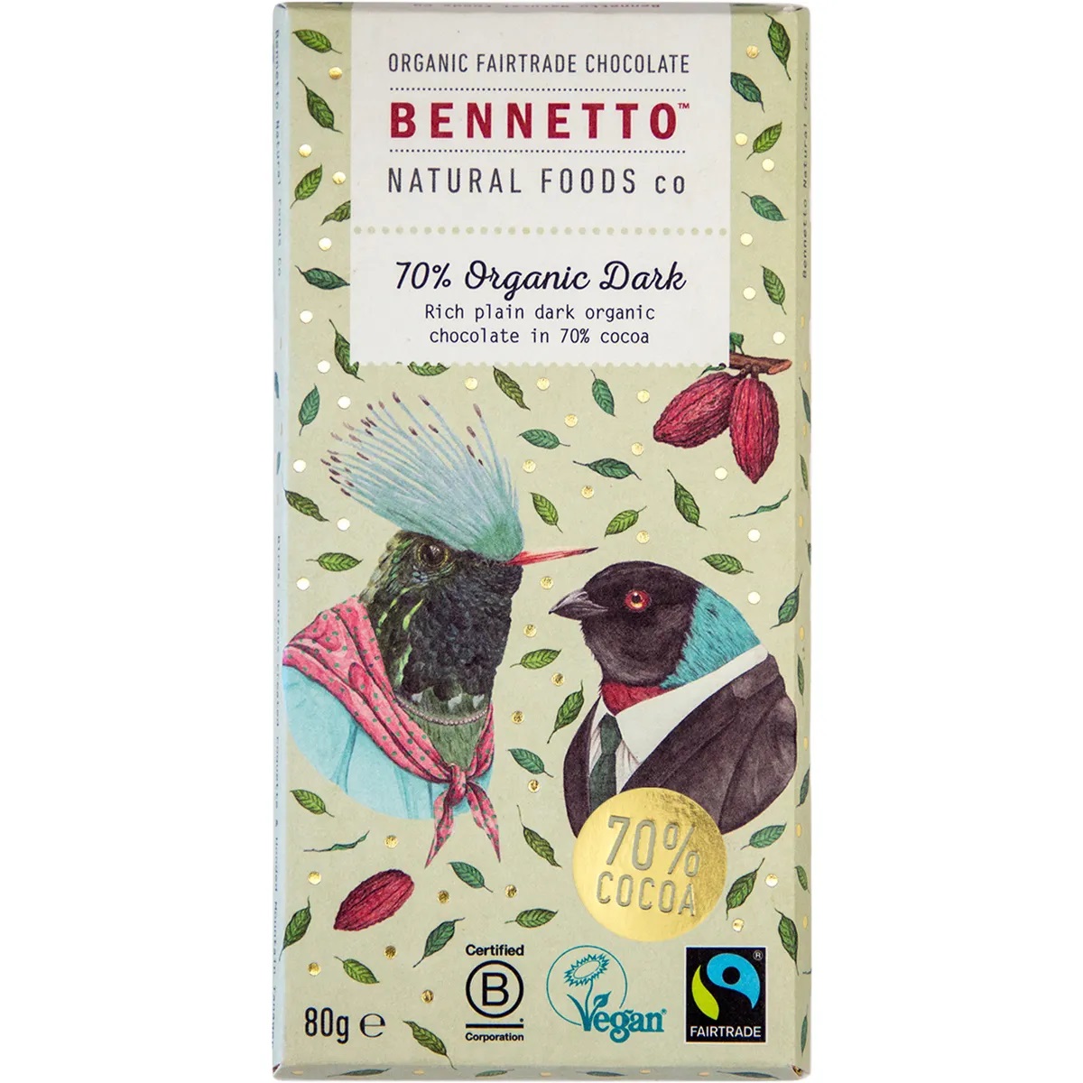 Bennetto 70% Organic Dark Fairtrade Chocolate, 80g